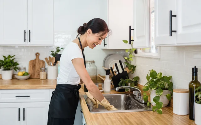 A smiling woman wearing an apron and gloves cleaning a kitchen sink.